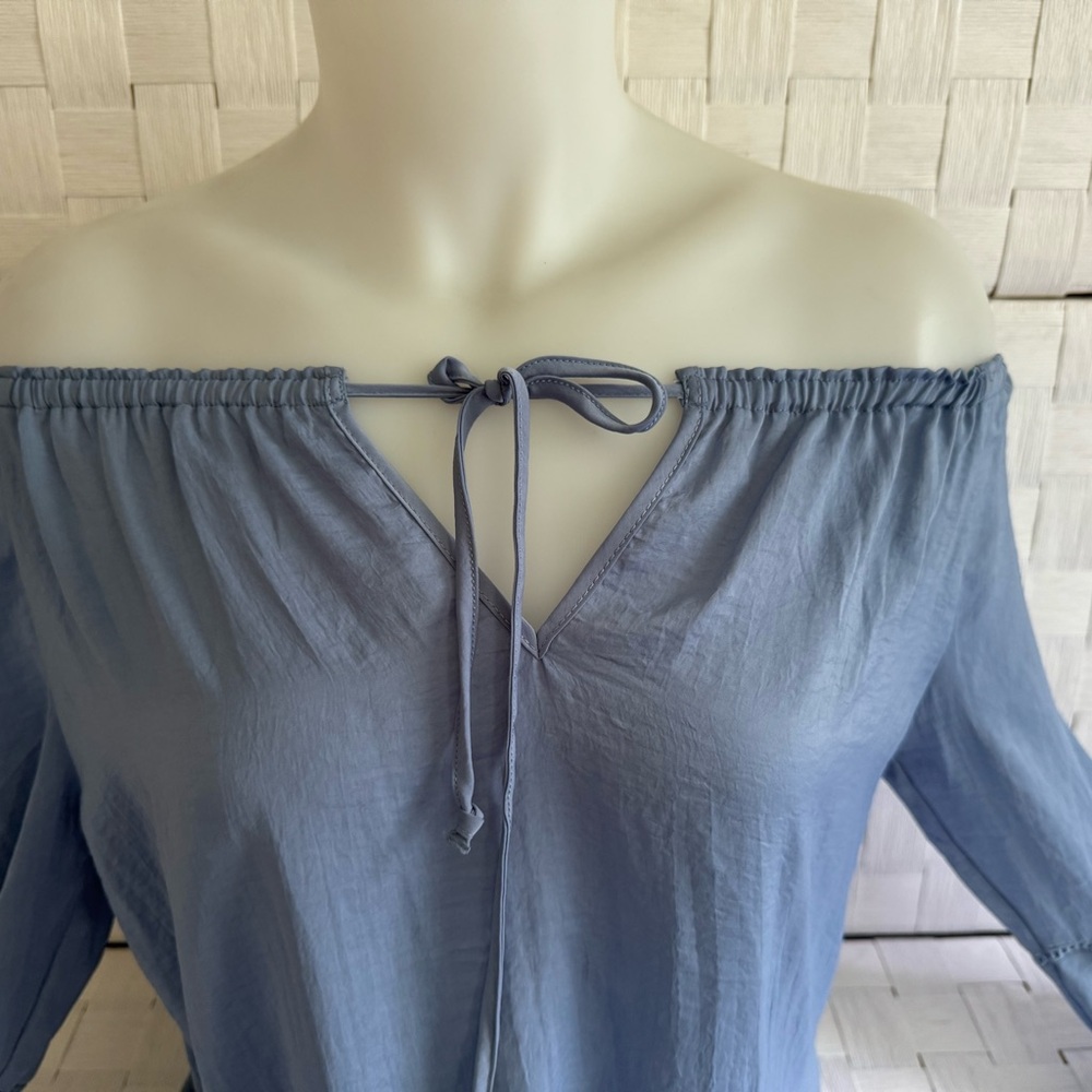 S SM Blue Blouse, flare sleeves elastic neck for Off-Shoulder look